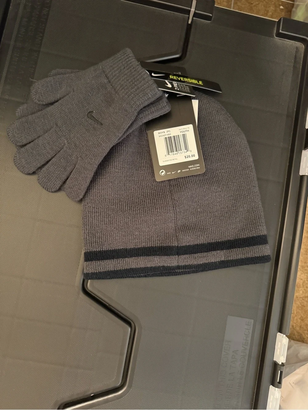 Nike Gray Knit Beanie and Glove Set with Black Stripe